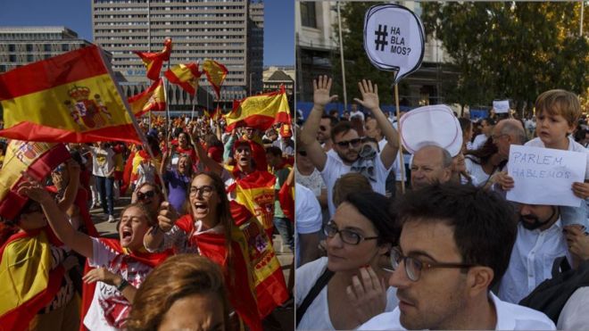 Decenas de miles de personas se movilizan en Madrid y Barcelona: unas a favor de la unidad de España y otras por el diálogo