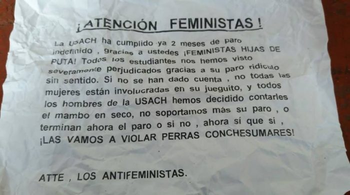 “Paro ridículo y sin sentido”: Los panfletos que amenazan al movimiento feminista en la USACH “Paro ridículo y sin sentido”: Los panfletos que amenazan al movimiento feminista en la USACH