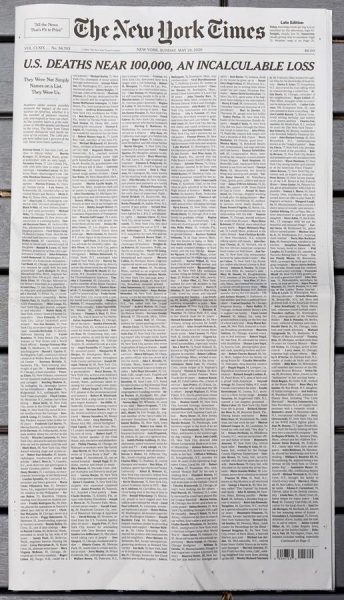 New York Times llena portada con 1.000 obituarios de fallecidos por COVID-19