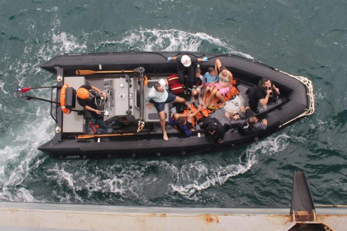 Petrolero de la Armada «Montt» rescata a 6 personas tras volcamiento de yate en la bahía de Panamá Petrolero de la Armada