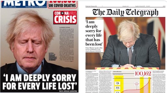 Las portadas de diarios ingleses con el mea culpa de Boris Johnson por las 100 mil muertes del Covid-19 Las portadas de diarios ingleses con el mea culpa de Boris Johnson por las 100 mil muertes del Covid-19
