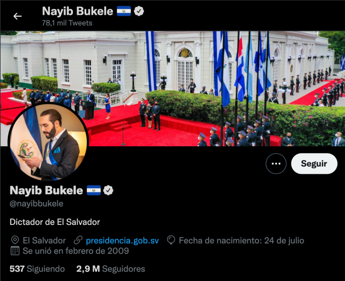 Nayib Bukele escribe en su biografía de Twitter «dictador de El Salvador» Nayib Bukele escribe en su biografía de Twitter