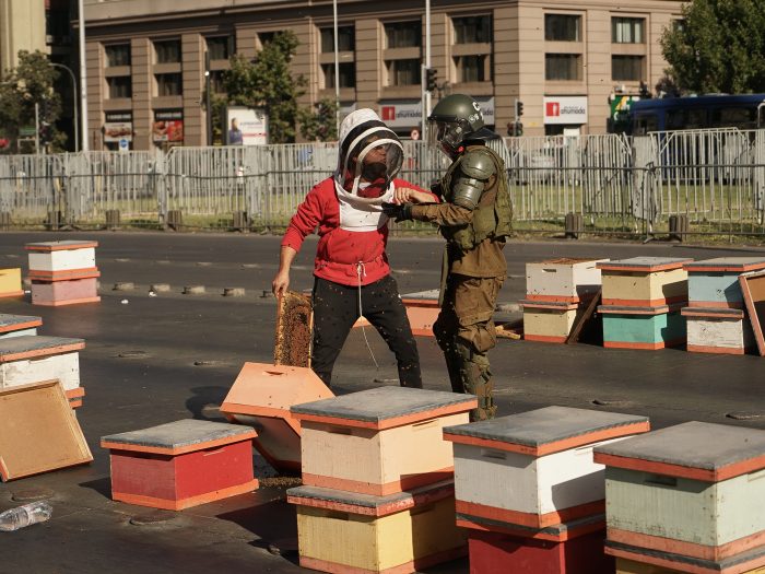 Apicultores cortaron el tránsito en la Alameda y dejaron cajas con abejas frente a La Moneda como modo de protesta